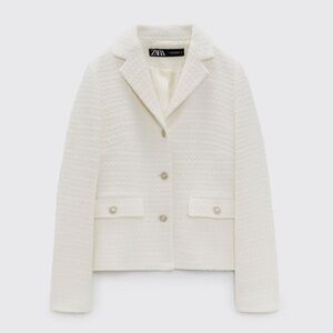ZARA TWEED CREAM WHITE IVORY JEWEL RHINESTONE BUTTON BLAZER JACKET